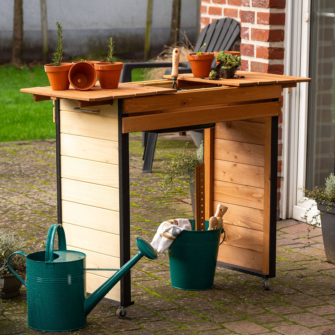 Garten-Arbeitstisch mit Rollen | Ausziehbar | Kiefernholz