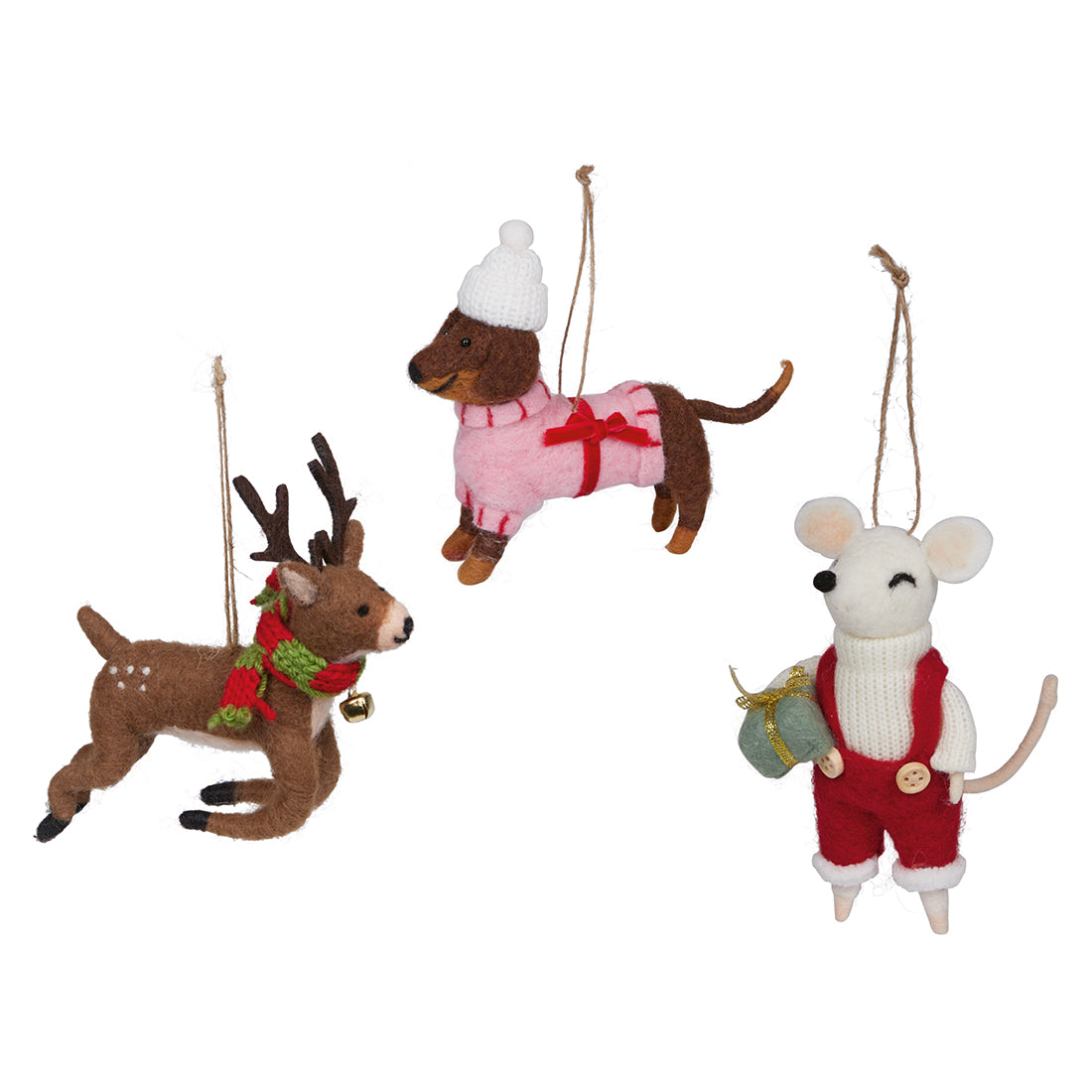 Filzanhänger Maus, Dackel und Rentier (3er-Set)