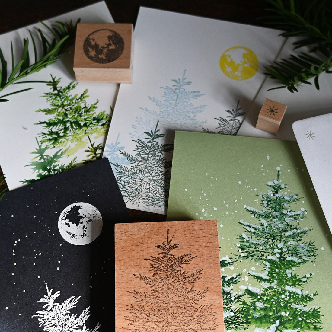 Stempelset Schneeflocke, Mond und Tanne