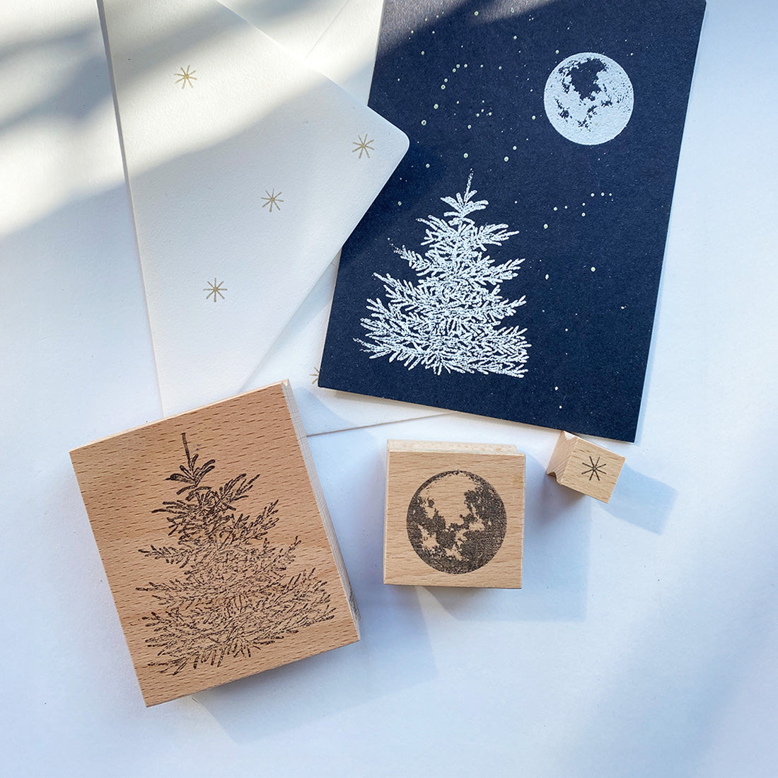Stempelset Schneeflocke, Mond und Tanne