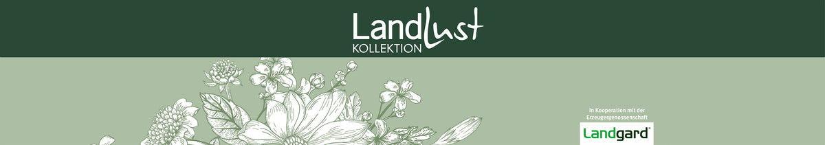Grünes Banner mit weißem Text Landlust Kollektion. Unten florale Zeichnung in Weiß. Logo der Erzeugergenossenschaft Landgard rechts unten. Kooperation wird erwähnt.