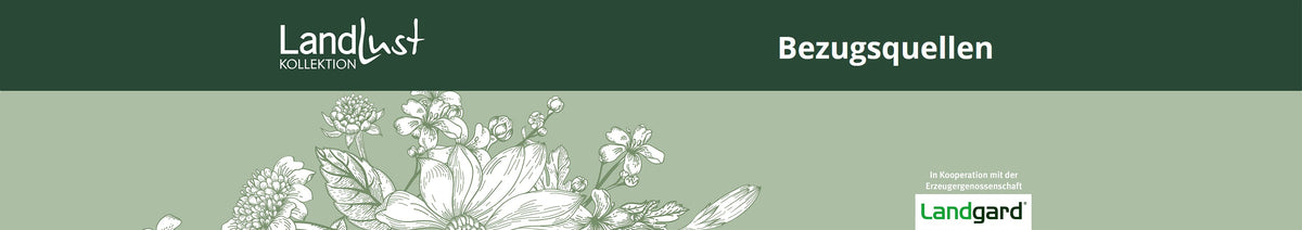 Landlust-Kollektion Banner mit floralem Muster. Oberer Teil grün mit Landlust Kollektion. Rechts daneben Bezugsquellen. Unten Logo der Erzeugergenossenschaft Landgard.