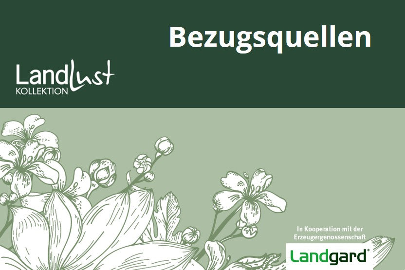 Landlust-Kollektion Banner mit floralem Muster. Oberer Teil grün mit Landlust Kollektion. Rechts daneben Bezugsquellen. Unten Logo der Erzeugergenossenschaft Landgard.