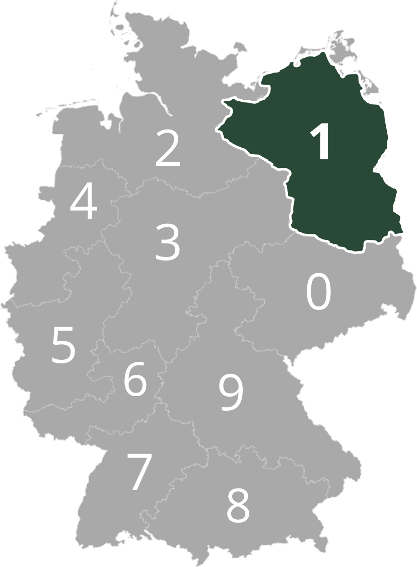 Deutschlandkarte mit Postleitzahlenzonen. Gebiet 1, Nordostdeutschland, hervorgehoben in Dunkelgrün. Zonen 0 bis 9 in Grau dargestellt.