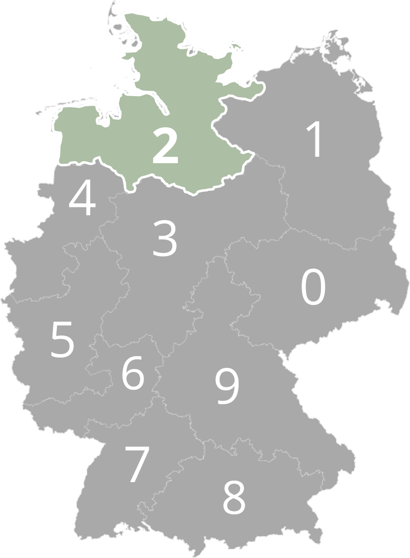 Karte Deutschlands, in grauen Bundesländern nummeriert von 0 bis 9, mit grün markiertem Norden und Nummer 2.