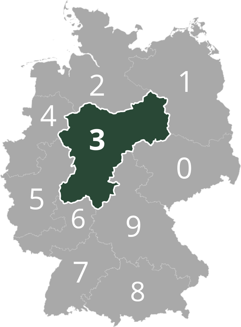 Karte von Deutschland in neun grauen Zonen unterteilt, Gebiet "3" in der Mitte dunkel hervorgehoben.
