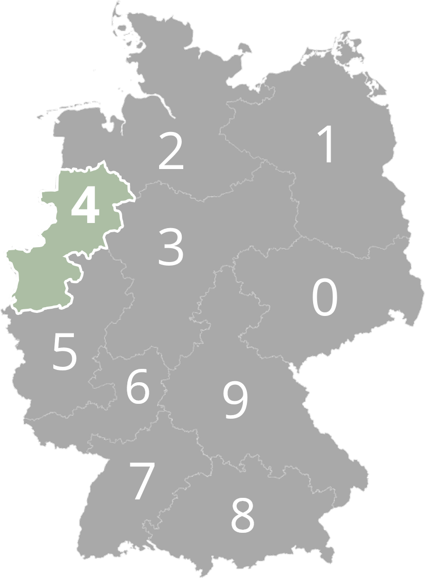 Deutschlandkarte in grauen Segmenten, nummeriert von 0 bis 9. Region 4 in Nordrhein-Westfalen farblich hervorgehoben. Hintergrund dunkelgrün.