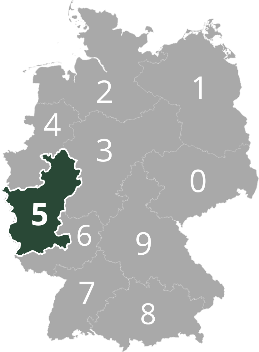 Karte von Deutschland mit Nummern in grauen Regionen. Gebiet 5 im Westen ist dunkel hervorgehoben, um Nordrhein-Westfalen darzustellen. Restliche Regionen sind nummeriert und in Grautönen gehalten.