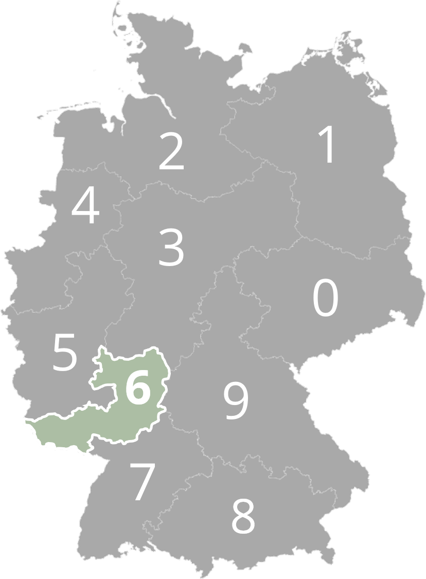 Karte Deutschlands in grau mit Postleitzahlenregionen. Region 6, in der Mitte-Süd des Landes, ist grün hervorgehoben.