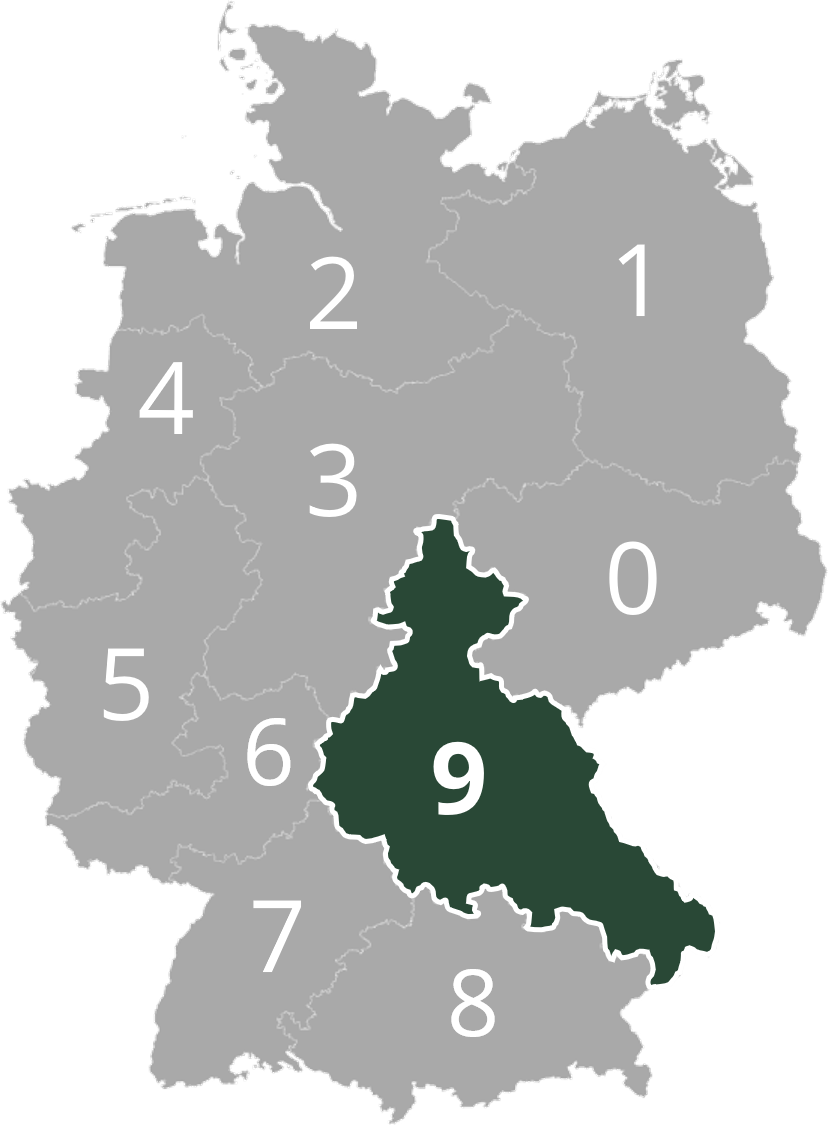 Deutschlandkarte mit neun nummerierten Regionen, Region 9 in der Mitte dunkel hervorgehoben.