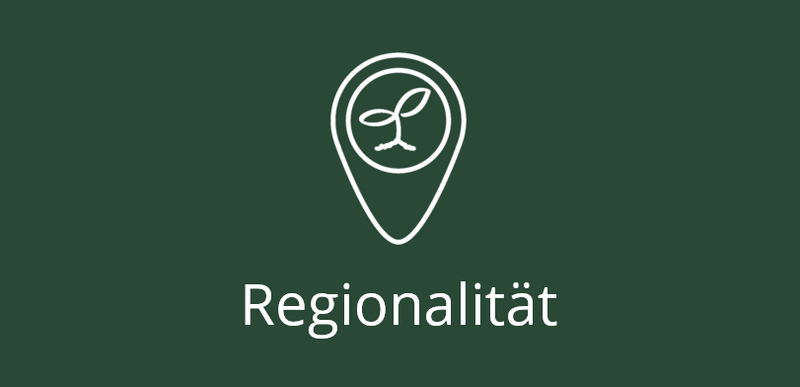 Grünes Icon mit Blatt-Symbol in einer Standortmarkierung über dem Text Regionalität auf dunkelgrünem Hintergrund.