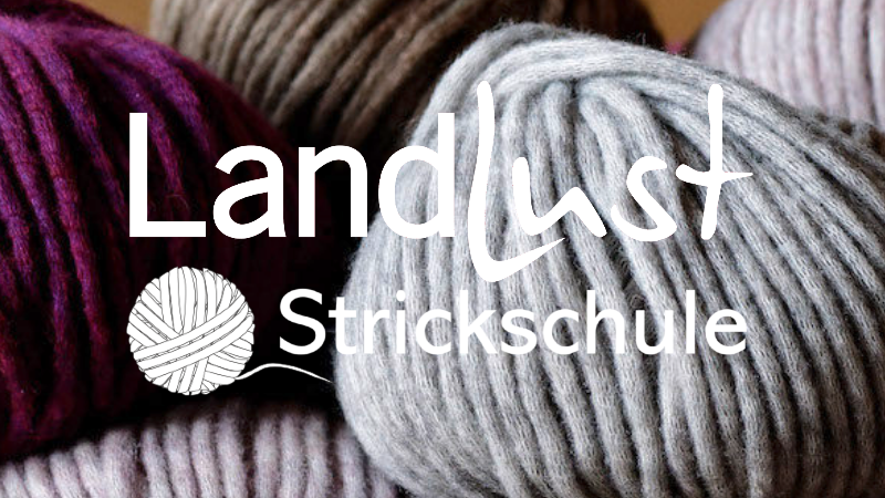 Mehrere Wollknäuel in verschiedenen Farben lila, braun, grau liegen in einem Korb. Darüber liegt der Schriftzug Landlust Strickschule.