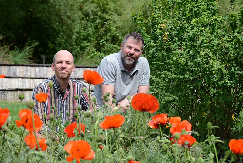 Zwei Männer sitzen zwischen leuchtend roten Mohnblumen, grünem Gebüsch und Natur im Hintergrund, sonnige Sommerstimmung.