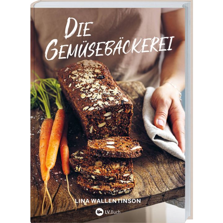 Buchcover mit Titel "Die Gem&uuml;seb&auml;ckerei" von Lina Wallentinson. Abgebildet sind ein geschnittenes Brotlaib, Karotten und eine Hand, die ein Handtuch h&auml;lt.