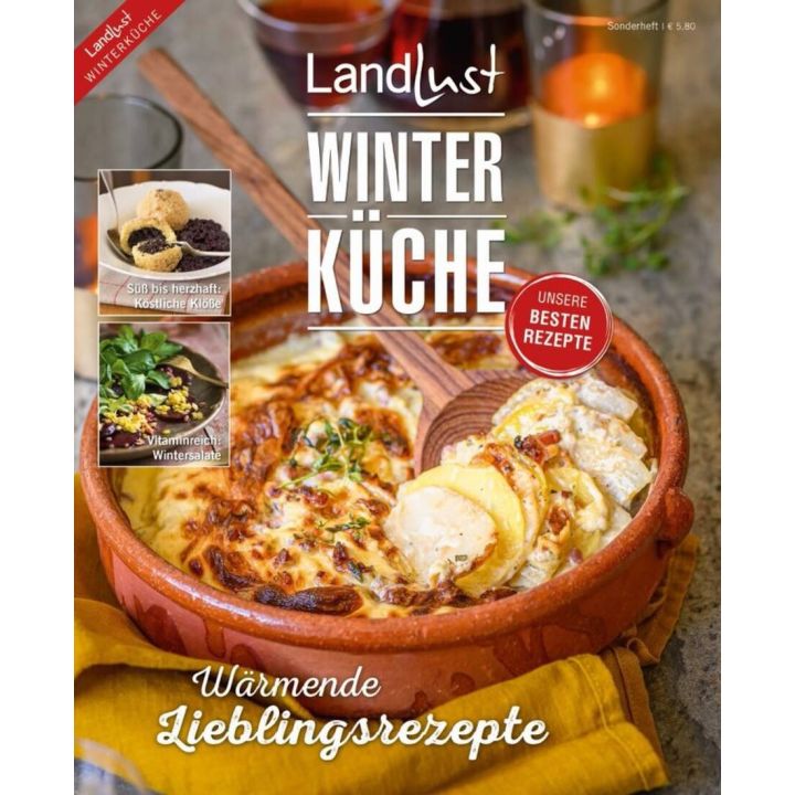 Titelbild eines Kochmagazins „Landlust Winterküche“ zeigt einen überbackenen Auflauf in einer Terrakotta-Schale, begleitet von zwei kleineren Bildern mit Klößen und Wintersalat. Text: „Unsere besten Rezepte“, „Wärmende Lieblingsrezepte“.