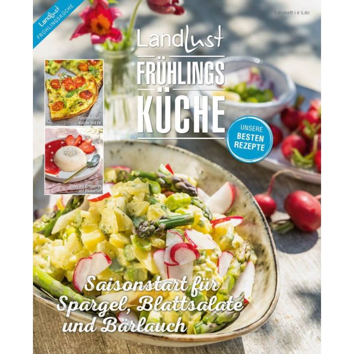 Zeitschrift "Landlust Frühlingsküche" mit Titel "Saisonstart für Spargel, Blattsalate und Bärlauch". Das Cover zeigt Salat mit Spargel, Radieschen und Kartoffeln, sowie kleine Bilder von Flammkuchen und Erdbeer-Dessert. Preis: 5,80 €.