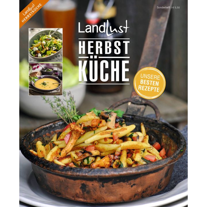 Zeitschrift "Landlust Herbstküche" mit Titel "Unsere besten Rezepte". Cover zeigt eine rustikale Pfanne mit Pasta, Pilzen und Kräutern. Kleine Bilder von Salat und Suppe. Preis: 5,50 €.