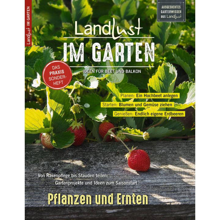 Titelbild der Zeitschrift „Landlust im Garten“ mit Erdbeerpflanzen im Vordergrund, Text: „Pflanzen und Ernten“, Themen: Hochbeet anlegen, Blumen und Gemüse ziehen, eigene Erdbeeren genießen, Gartenideen für Beet und Balkon.