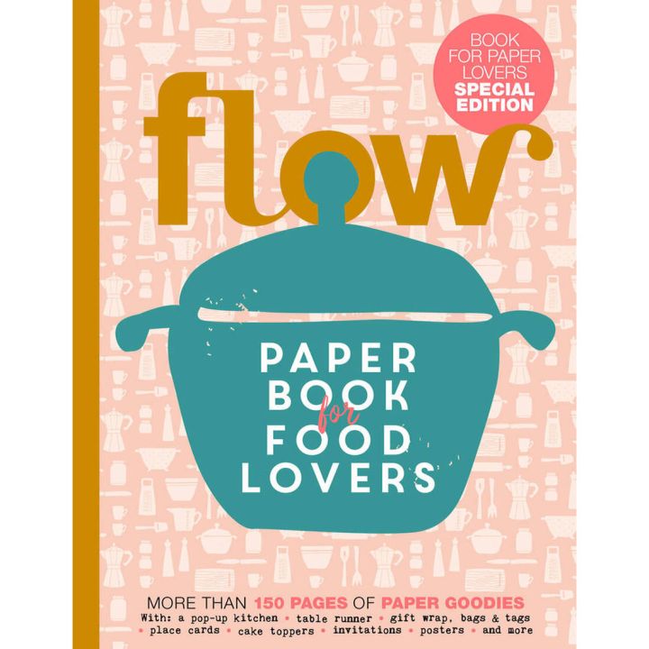 Cover der Zeitschrift „Flow – Paper Book for Food Lovers“, Special Edition für Papierliebhaber mit Illustrationen von Küchenutensilien; enthält über 150 Seiten Papierideen wie Tischläufer, Geschenkanhänger, Einladungen und Poster.