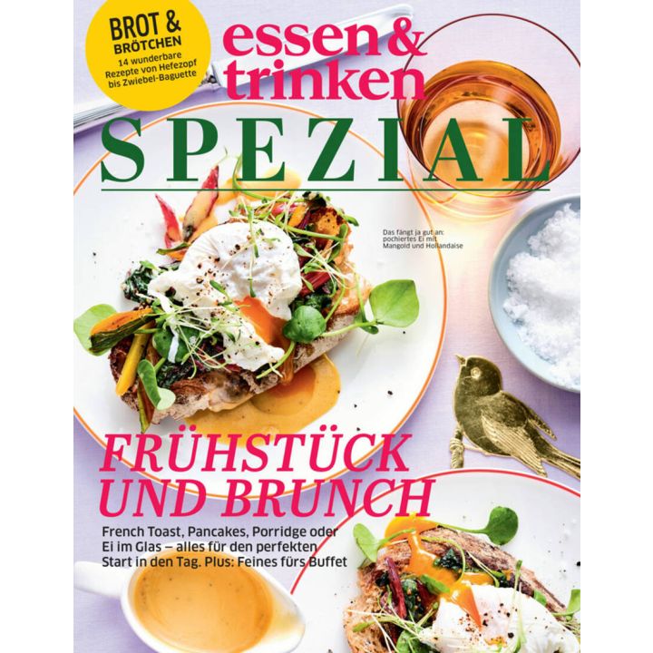 Titelbild des Magazins "essen & trinken SPEZIAL" mit einem Frühstücks- und Brunch-Thema. Zu sehen ist ein Gericht mit pochiertem Ei, Gemüse und Salat auf Brot. Daneben verschiedene Gläser und Schüsseln.