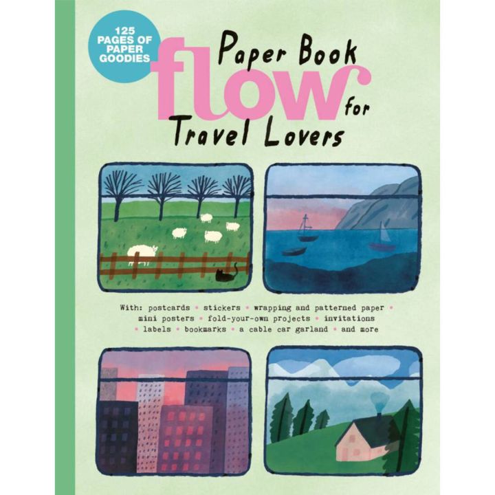 Cover des Papierbuchs „Flow for Travel Lovers“ mit 125 Seiten Papierartikeln; zeigt vier illustrierte Landschaftsbilder und listet Inhalte wie Postkarten, Sticker, Geschenkpapier, Poster, Bastelvorlagen, Einladungen, Etiketten, Lesezeichen und Girlanden.