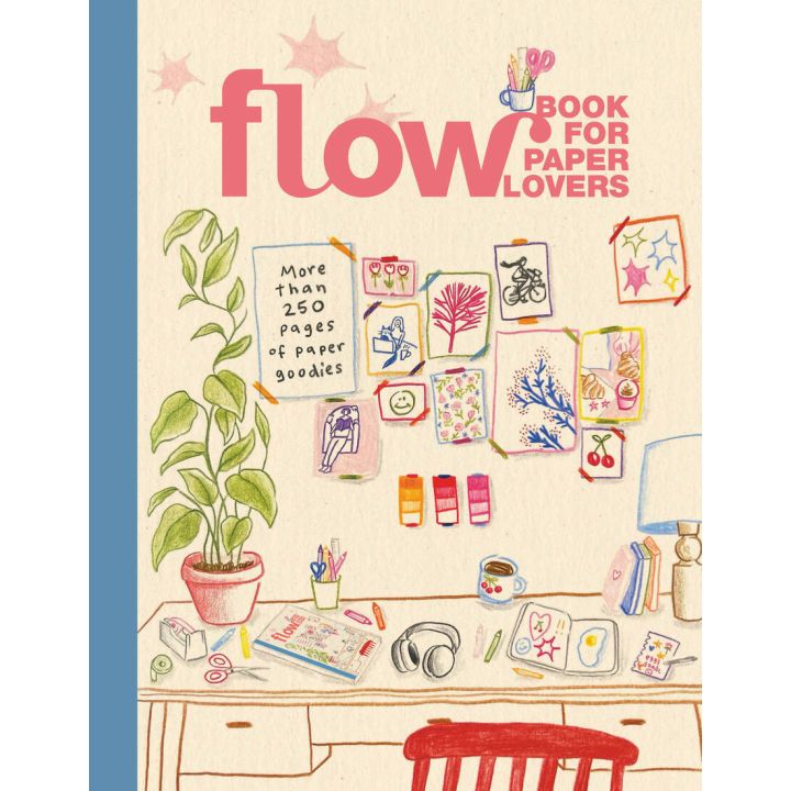 Buchcover „Flow – Book for Paper Lovers“ mit gezeichneter Schreibtischszene, Pflanzen, Bastelmaterialien, bunten Illustrationen an der Wand und Text: „More than 250 pages of paper goodies“; Produkt für Papierliebhaber:innen.