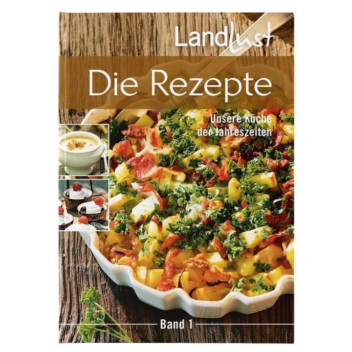 Titelbild des Kochbuchs „Landlust – Die Rezepte, Band 1“ mit dem Untertitel „Unsere Küche der Jahreszeiten“, zeigt eine Gemüse-Quiche, kleine Speisen und Suppe auf einem Holztischhintergrund.
ChatGPT fragen