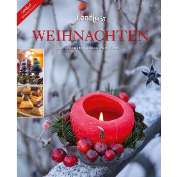 Ein Sonderheft mit dem Titel „Landlust Weihnachten“ zeigt eine brennende rote Kerze, dekoriert mit Beeren und Tannenzweigen. Im Hintergrund ist ein schneebedeckter Ast. Zwei kleine Bilder zeigen dekorative Gebäckideen. Preis: 5,80 Euro.