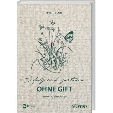 Buchcover von "Erfolgreich gärtnern ohne Gift" von Brigitte Goss. Illustration von Pflanzen und Insekten auf strukturiertem Hintergrund. Thema: Naturnahes Gärtnern. Verlag: LV.Buch und "mein schöner Garten".