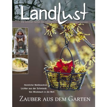 Titelblatt der Zeitschrift "Landlust" mit blühenden gelben Zweigen und hängendem Korb mit roten Blüten. Enthält Titelgeschichten und Preisangabe. Zusätzliches Bild einer Person mit Laterne und eines Gerichts.