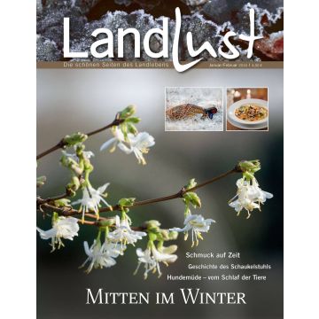 Titelbild der Zeitschrift „Landlust“, Ausgabe Januar/Februar 2016; zeigt blühende Winterzweige im Vordergrund, zwei kleine Bilder mit einem Fasan im Schnee und einem Gericht; Text: „Mitten im Winter“ und Themenvorschau darunter.