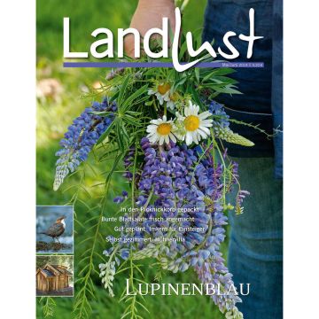 Titelbild der Zeitschrift „Landlust“ mit einem Blumenstrauß aus Lupinen und Margeriten in einer Hand, daneben Texthinweise auf Inhalte der Ausgabe sowie der Schriftzug „Lupinenblau“.
ChatGPT fragen