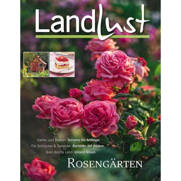 Cover des Magazins "Landlust" mit üppigen rosa Rosen im Vordergrund. Kleine Bilder eines Gartenhauses und einer Erdbeertorte. Themen: Tomaten für Anfänger, Raritäten auf Rädern, Unsere Alleen, Rosengärten. Ausgabe Mai/Juni 2020.