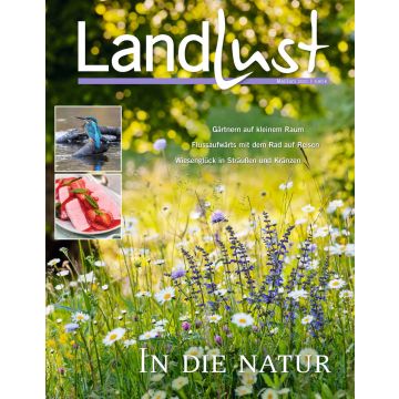 Cover der Zeitschrift "Landlust" Mai/Juni 2021. Titelbild zeigt eine blühende Wiese. Themen: Gärtnern auf kleinem Raum, Radreisen flussaufwärts, Wiesenblumen in Sträußen und Kränzen. Kleinbilder: Eisvogel und Dessert. Text: "In die Natur".