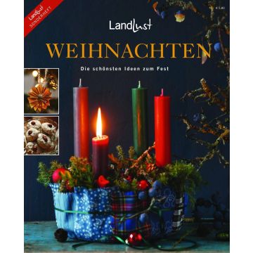 Magazincover „Landlust Weihnachten“ mit leuchtendem Adventskranz mit vier bunten Kerzen, dekoriert mit Tannenzweigen und Beeren. Nebenbilder zeigen selbstgemachte Plätzchen und handgefertigten Weihnachtsschmuck. Thema: kreative Ideen für das Fest.