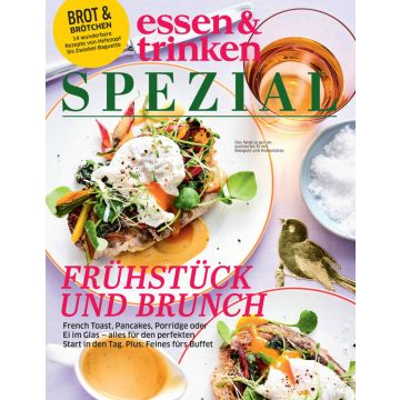 Titelbild des Magazins "essen & trinken SPEZIAL" mit einem Frühstücks- und Brunch-Thema. Zu sehen ist ein Gericht mit pochiertem Ei, Gemüse und Salat auf Brot. Daneben verschiedene Gläser und Schüsseln.