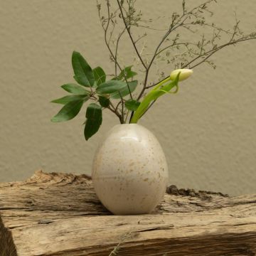 Keramikvase in Eiform auf Holzfläche, gefüllt mit grünen Blättern und einem weißen Blütenstängel, vor neutralem Hintergrund.