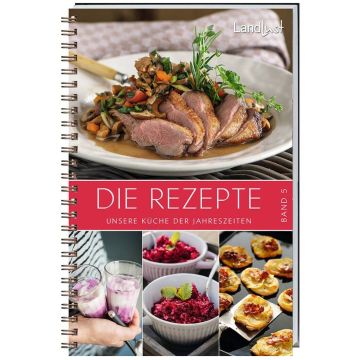 Spiralgebundenes Kochbuch „Die Rezepte – Unsere Küche der Jahreszeiten, Band 5“ von Landlust mit Fotos von angerichteten Gerichten, darunter Fleisch mit Gemüse, Rote-Bete-Salat, Getränke und Canapés.