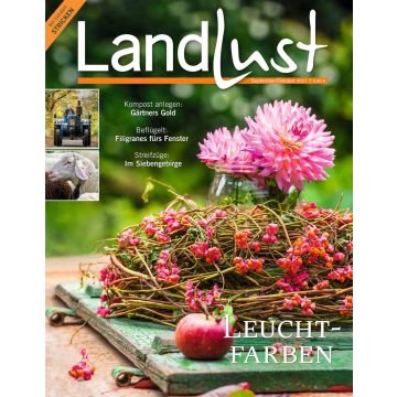 Titelbild der Zeitschrift "Landlust" September/Oktober 2021. Auf einem grünen Brett liegen rosa Blüten und ein Apfel. Oben links Bilder von einem Traktor und einem Schaf. Themen: Kompost, filigrane Fensterdekoration, Siebengebirge. Preis: 4,80 €.