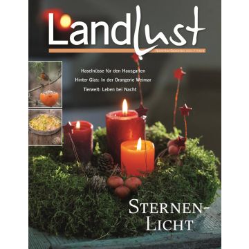Titelbild der Zeitschrift „Landlust“ (Ausgabe November/Dezember 2021) mit Adventskranz aus Moos, vier brennenden roten Kerzen, roten Sternenstäben und Tannenzapfen; Textthemen und Bilder zu Garten und Natur.