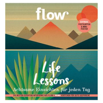 Quadratisches Cover des Magazins „flow – Life Lessons“ mit stilisierten Bergen, Sonnen und Pflanzen; Text: „Achtsame Einsichten für jeden Tag“; Hinweis auf Extras: Postkarten und Mini-Poster; Untertitel zu Experten-Interviews und Gesprächskarten.