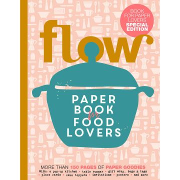 Cover der Zeitschrift „Flow – Paper Book for Food Lovers“, Special Edition für Papierliebhaber mit Illustrationen von Küchenutensilien; enthält über 150 Seiten Papierideen wie Tischläufer, Geschenkanhänger, Einladungen und Poster.
