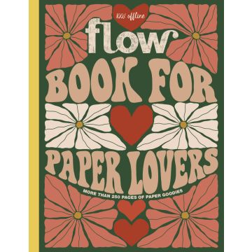 Cover des Buches "Flow Book for Paper Lovers" mit retro-inspiriertem Design, großen floralen Mustern in Rot und Weiß, Herzmotiven und einem grünen Hintergrund. Text: "100% offline, mehr als 250 Seiten mit Papier-Goodies".