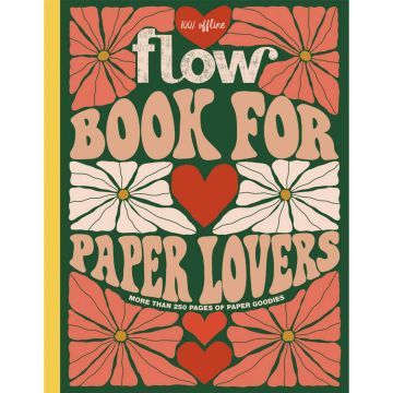 Cover des Buches "Flow Book for Paper Lovers" mit retro-inspiriertem Design, großen floralen Mustern in Rot und Weiß, Herzmotiven und einem grünen Hintergrund. Text: "100% offline, mehr als 250 Seiten mit Papier-Goodies".