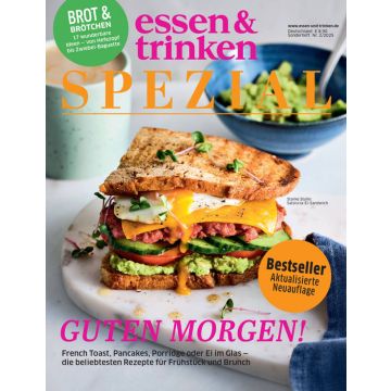 Titelseite des Magazins „essen & trinken SPEZIAL“ mit einem belegten Sandwich aus Brot, Ei, Avocado und Gemüse, Texten zu Frühstücksrezepten, Sonderheftnummer, Preisangabe und einem Bestseller-Hinweis in deutscher Sprache.