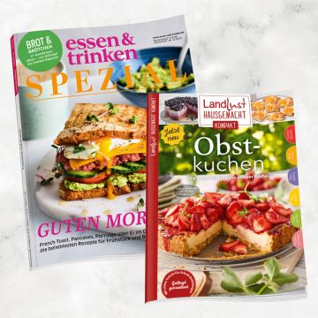 Zwei Zeitschriften nebeneinander. Links: "essen & trinken SPEZIAL" mit einem Sandwich auf dem Cover, Thema Brot und Brötchen. Rechts: "Landlust Hausgemacht Kompakt" mit einem Erdbeerkuchen, Thema Obstkuchenrezepte.
