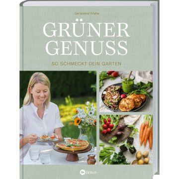 Kochbuch „Grüner Genuss“ mit Bildern einer lächelnden Frau beim Essen, einem Gemüsegericht und frischem Gemüse wie Radieschen und Karotten. Untertitel: „So schmeckt dein Garten“.