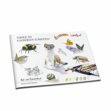 Querformatiges Mal- und Zeichenbuch mit dem Titel „Tiere in unseren Gärten“, zeigt gezeichnete Tiere wie Hummel, Wiesel, Vogel, Schmetterlinge, Schnecke, Käfer sowie Malutensilien; Verlag „Landlust“, mit Arbeiten von Bernd Pöppelmann.