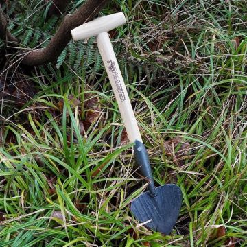 Ein Handspaten mit einem T-förmigen Holzgriff und einem herzförmigen, schwarzen Metallblatt steht aufrecht in hohem Gras und Moos in einer bewaldeten Umgebung.
