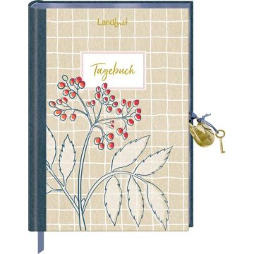Abgebildet ist ein verschließbares Tagebuch mit floraler Illustration und rotem Beerendruck auf beigem Hintergrund mit Gittermuster, der Titel „Tagebuch“ steht mittig auf dem Cover, oben befindet sich der Schriftzug „Landlust“.